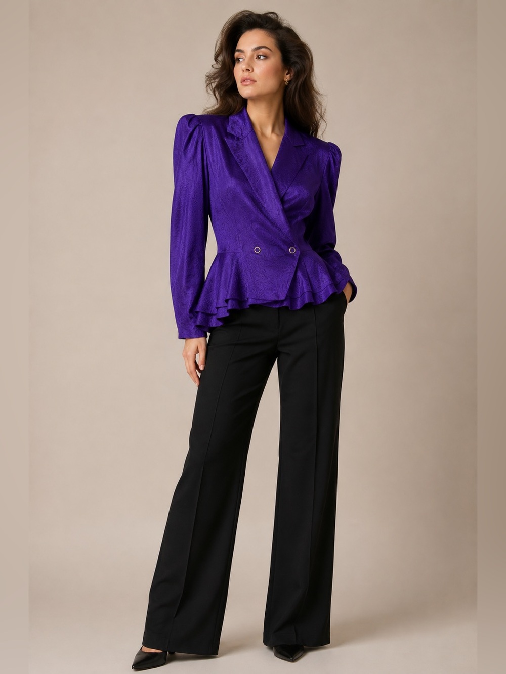 Vintage 80s Albert Hei 100% Silk Jacquard Peplum Blouse Jacket Purple Size 10